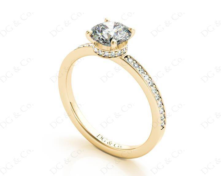 Round Cut Four Claw Set Diamond Ring with Round Pave Set Side Stones in 18K Yellow - DG & Co. Jewellery