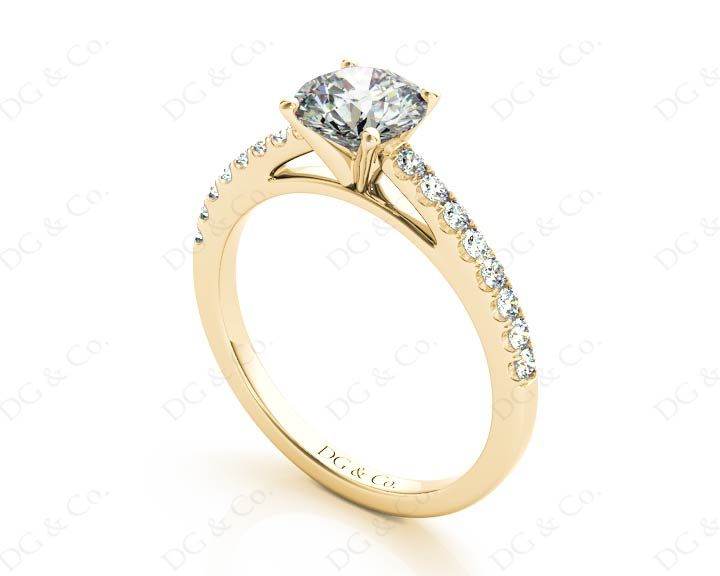 Round Cut Four Claw Set Diamond Ring with Round Pave Set Stones Down the Shoulders - 18K Yellow - DG & Co. Jewellery