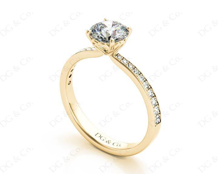 Round Cut Four Claw Set Diamond Ring with Round Cut Diamonds Pave Set Down the Shoulders - 18K Yellow - DG & Co. Jewellery