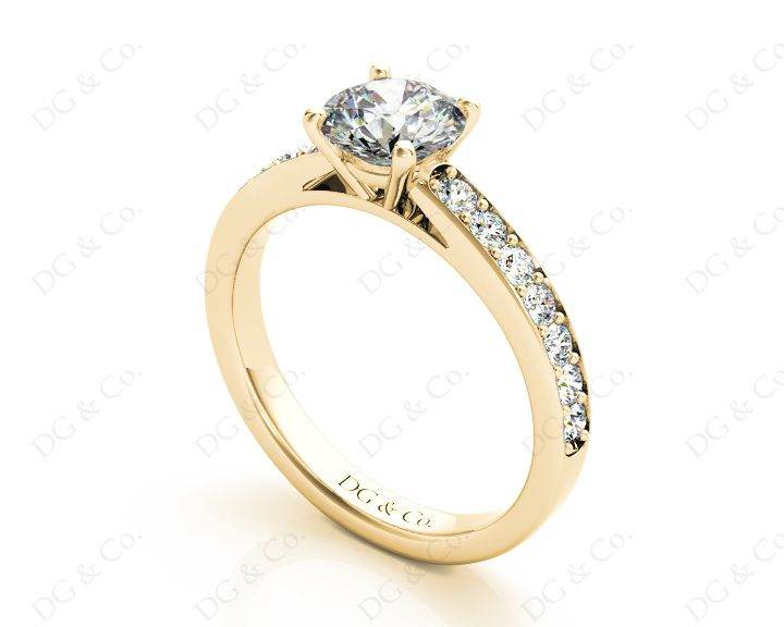 Round Cut Diamond Engagement Ring with Pave Setting Side Stones in 18K Yellow Gold Engagement Ring - DG & Co. Jewellery