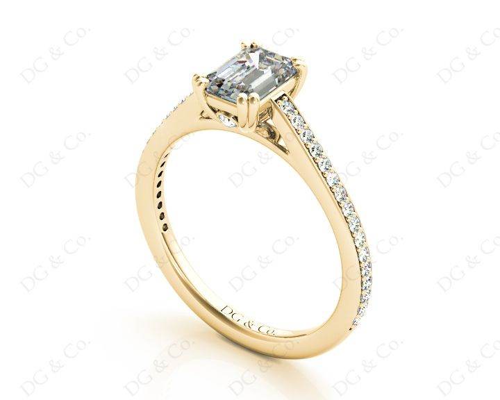 Emerald Cut Four Prongs Diamond Ring with Channel Set Side Stones - 18K Yellow - DG & Co. Jewellery