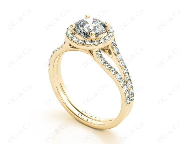 Split Band Round Cut Halo Diamond Engagement ring with claw set centre stone in 18K Yellow - DG & Co. Jewellery