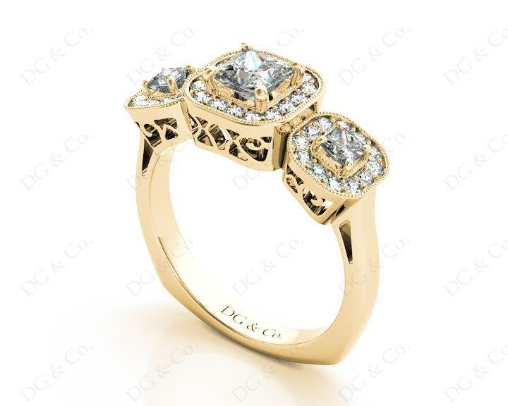 Princess Cut Trilogy Halo Diamond Engagement Ring - 18K Yellow - DG & Co. Jewellery