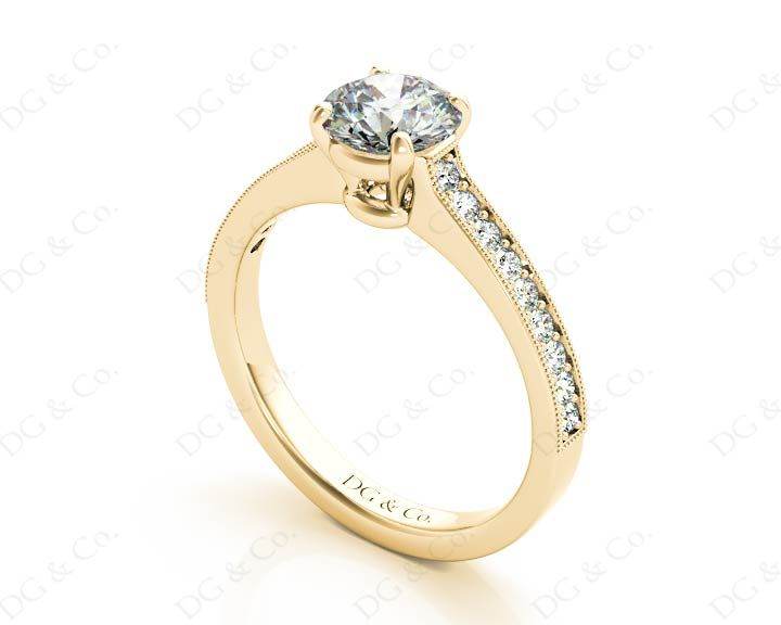 Round Cut Four Claw Set Milgrain Diamond Engagement Ring With Pave Side Stones - 18k Yellow - DG & Co. Jewellery