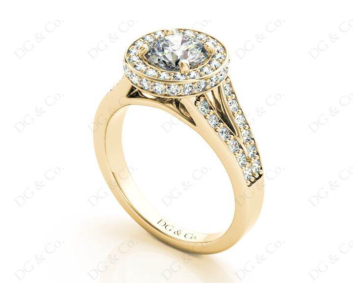 Round Cut Halo Diamond Engagement Ring Split Band with Four Claws Set Centre Stone in 18K Yellow - DG & Co. Jewellery