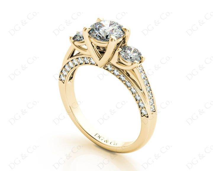 Three Stone Diamond Engagement Ring Round Cut with a Channel Share Prong Shoulder Setting - 18K Yellow - DG & Co. Jewellery