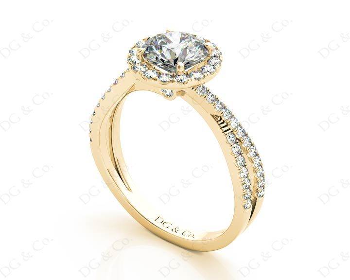 Round Cut Split Shank Diamond Halo Engagement Ring with Pave Set Side Stones Down the Band in 18K Yellow - DG & Co. Jewellery