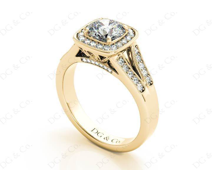 Vintage Style Round Cut Split Shank Milgrain Halo Set Engagement Ring with Channel Set Side Stones in 18K Yellow - DG & Co. Jewellery