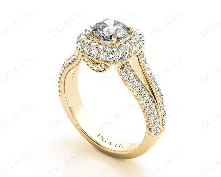 Round Cut Split Shank Milgrain Halo Engagement Ring with Micro Pave Set Diamonds on the Halo and sidestones in 18K Yellow - DG & Co. Jewellery