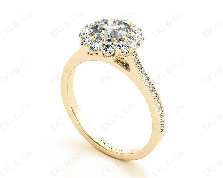 Round Cut Flower Halo Diamond Ring with a Claw Set Halo and Pave Set Side Stones - 18K Yellow - DG & Co. Jewellery