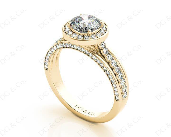 Triple Band Round Cut Diamond Halo Engagement Ring with Pave Set Side Stones and Halo in 18K Yellow - DG & Co. Jewellery