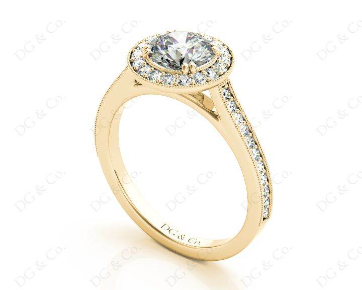 Halo Diamond Engagement Ring Round Cut with Claw Set Centre Stone Miligrain Share Prong Side Stones - 18K Yellow - DG & Co. Jewellery
