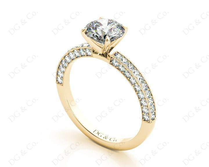 Round Cut Four Claws Side Stone Engagement Ring with Milgrain Set Side Stones in 18K Yellow - DG & Co. Jewellery