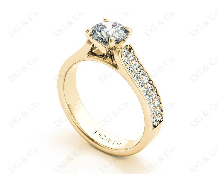 Round Cut Four Claws V Set Diamond Ring with Pave Set Side stones in 18K Yellow - DG & Co. Jewellery