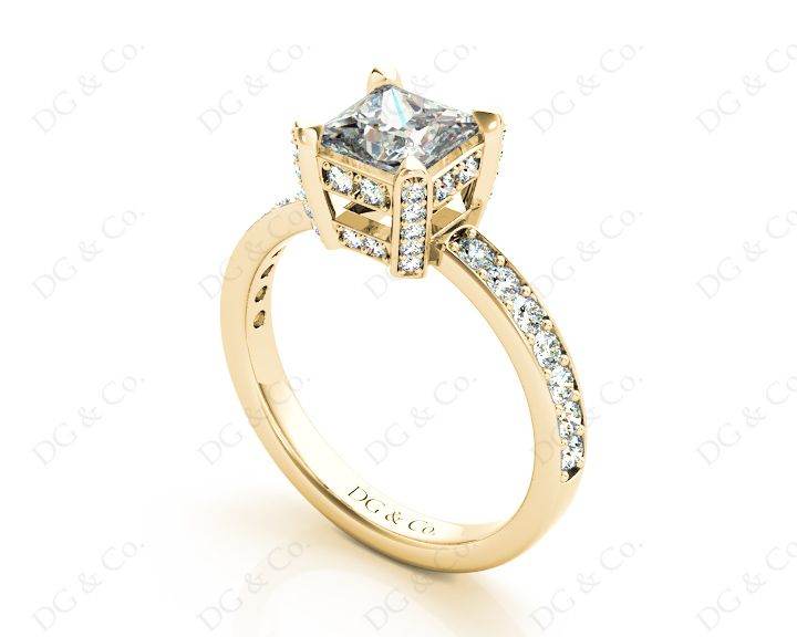 Princess Cut Diamond Engagement Ring with Claw set centre stone with Pave Set Prongs and Side Stones - 18K Yellow - DG & Co. Jewellery