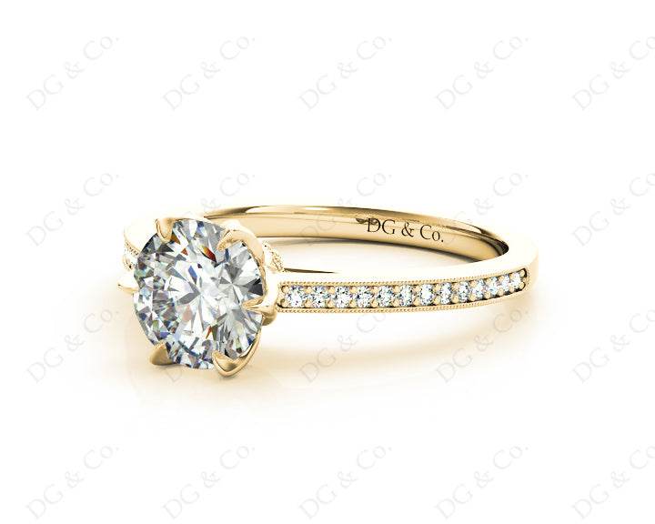 Vintage Style Round Cut Diamond Ring With Six Claws Set Centre Stone - 18K Yellow - DG & Co. Jewellery