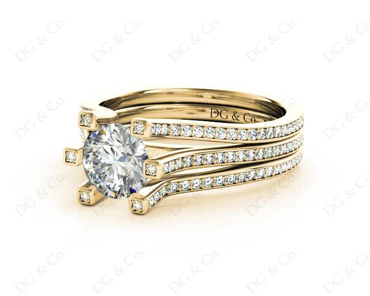 Round Cut Six Claws Diamond Signature Ring with Channel set Down in the Shoulders in 18K Yellow - DG & Co. Jewellery