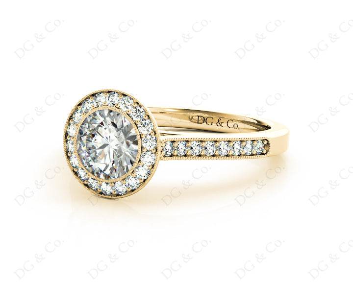 Round Cut Halo Diamond Engagement Ring with Bezel Milgrain Set Centre stone - 18K Yellow - DG & Co. Jewellery