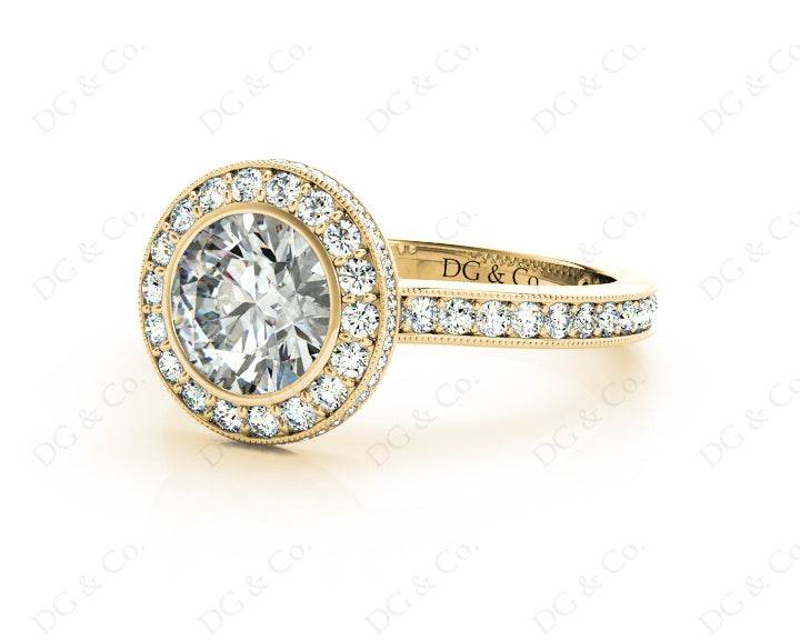 Vintage Style Round Cut Halo Diamond Ring with Bezel Set Centre Stone - 18K Yellow - DG & Co. Jewellery