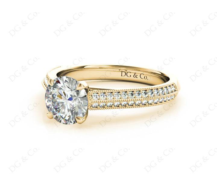 Round Cut Four Claws Diamond Ring in a Milgrain Pave Setting Side Stones in 18K Yellow - DG & Co. Jewellery