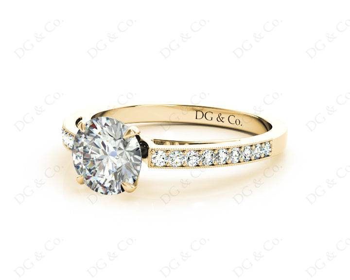 Round Cut Four Claws V Set Diamond Ring with Grain Set Side Stones in 18K Yellow - DG & Co. Jewellery