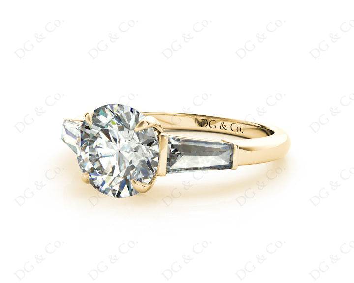 Round Cut Classic Three Stones Ring with Tapered Baguettes Diamond - 18K Yellow - DG & Co. Jewellery