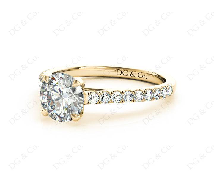 Round Cut Four Claws Diamond Ring with Pave Set Side Stones - 18K Yellow - DG & Co. Jewellery