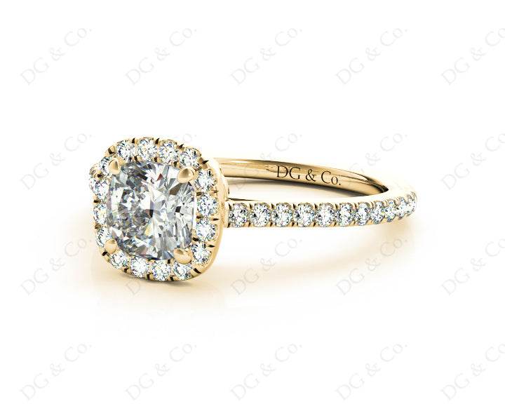 Cushion Cut Halo Diamond Engagement Ring with Claw Set Centre Stone with Pave Set Side Stones - 18K Yellow - DG & Co. Jewellery