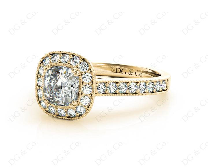 Vintage Style Halo Cushion Cut Ring with Four Claws Set Centre Stone - 18K Yellow - DG & Co. Jewellery