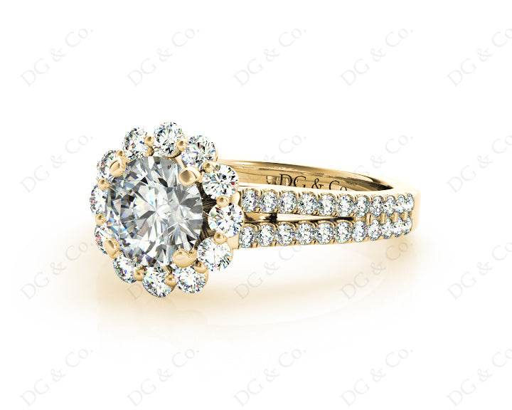 Round Cut Halo Flower Diamond Engagement Ring Split Band with Claw Set Centre Stone - 18K Yellow - DG & Co. Jewellery