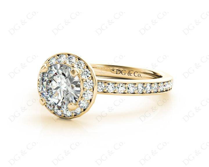 Round Cut Halo Diamond Ring with Four Claws Set Centre Stone in 18K Yellow - DG & Co. Jewellery