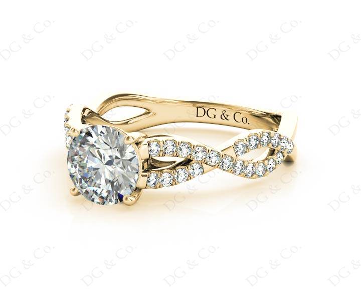 twist Band Round Cut Four Claw Set Diamond Engagement Ring with Pave S ...