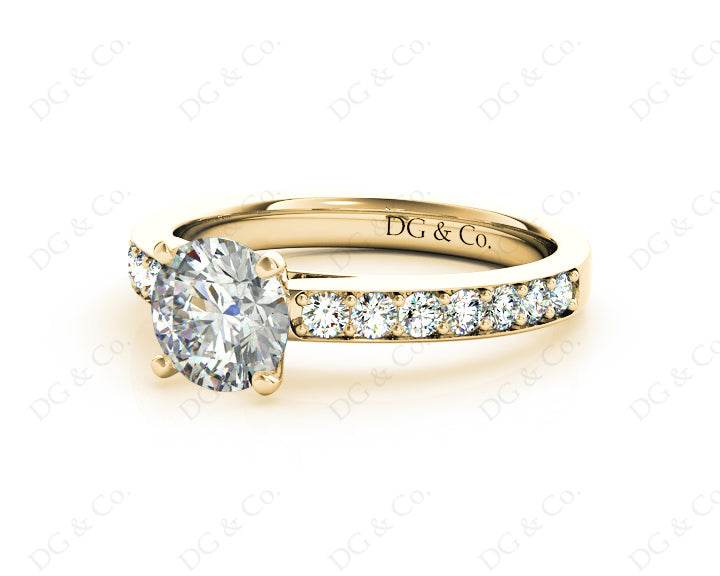 Round Cut Four Claws Set Diamond Ring with Channel Set Side Stones - 18K Yellow - DG & Co. Jewellery