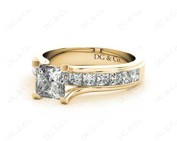Princess Cut Diamond Engagement ring with four claws Channel Setting Side stones in 18K Yellow - DG & Co. Jewellery