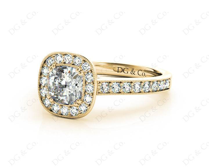 Cushion Cut Halo Diamond Ring with Milgrain Prong Set Centre Stone - 18K Yellow - DG & Co. Jewellery