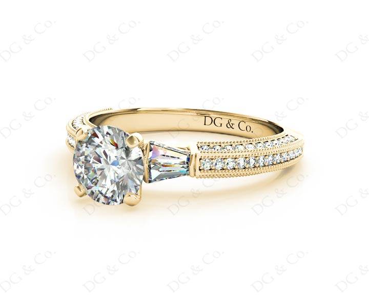 Vintage Style Round Cut Four Claw Diamond Ring with Pave Milgrain Set Side Stones In 18K Yellow - DG & Co. Jewellery