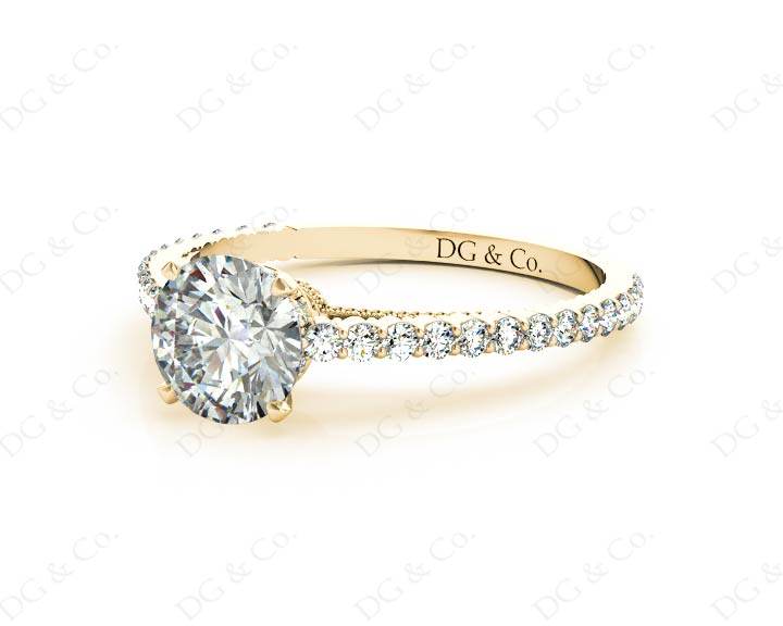 Round Cut Four Claw Set Diamond Ring with Side Halo and Round Cut Diamonds Claw Set on the Band - 18K Yellow - DG & Co. Jewellery