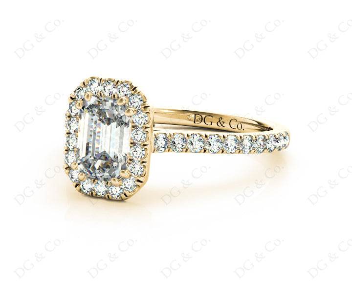 Emerald Cut Halo Diamond Engagement Ring with Four Claws Set Centre Stone - 18K Yellow - DG & Co. Jewellery
