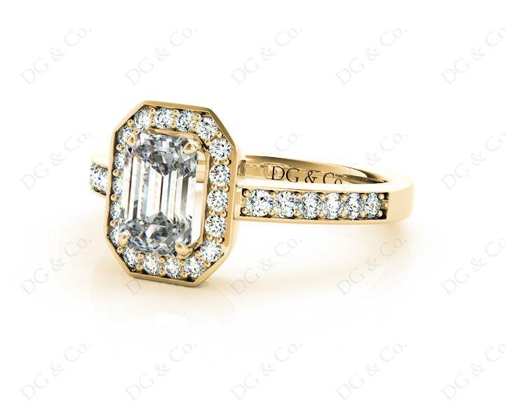 Emerald Cut Halo Diamond Engagement Ring with Claw Set Centre Stone - 18K Yellow - DG & Co. Jewellery