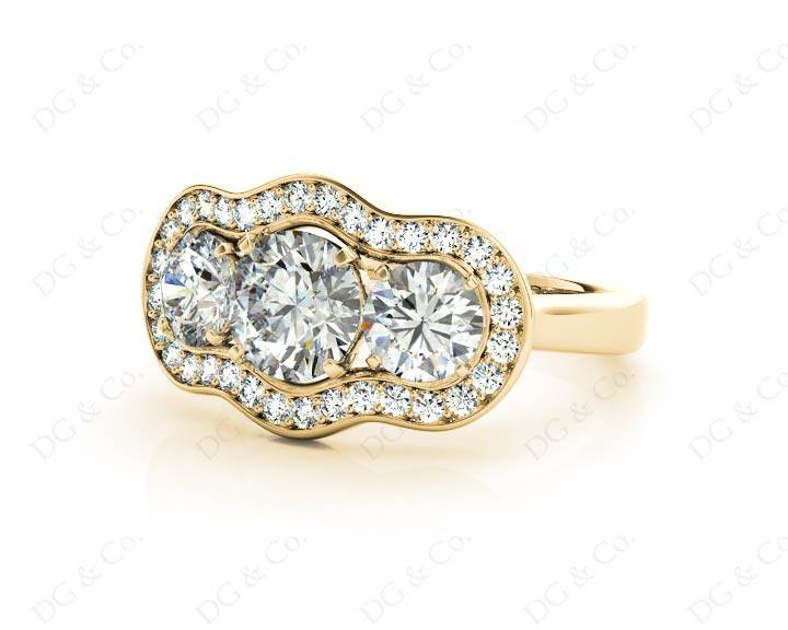 Round Cut Halo Trilogy Diamond Engagement Ring with Pave Set Side Stone In 18K Yellow - DG & Co. Jewellery