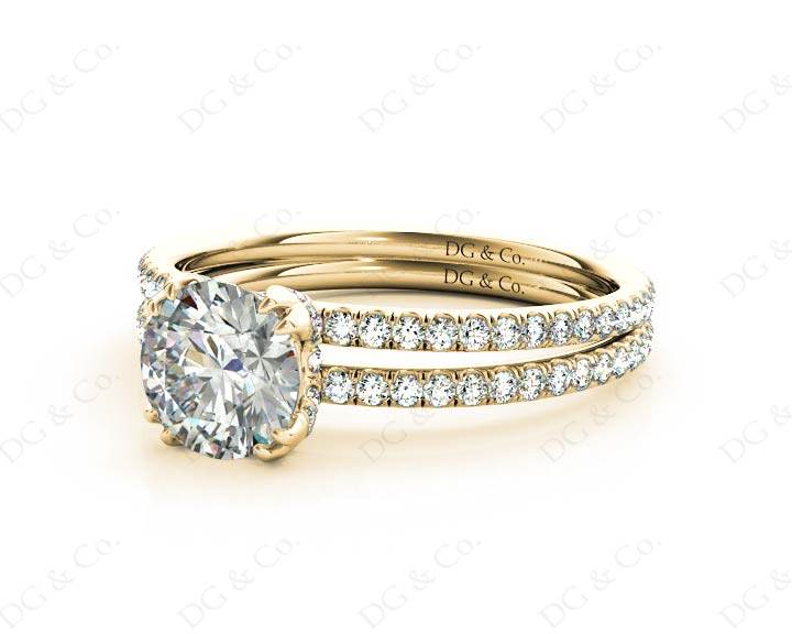 Round Cut Four Double Claw Set Diamond Ring with Pave Set Diamonds Down The Shoulders in 18K Yellow - DG & Co. Jewellery