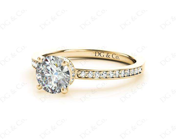 Round Cut Four Claw Set Diamond Ring with Round Pave Set Side Stones in 18K Yellow - DG & Co. Jewellery