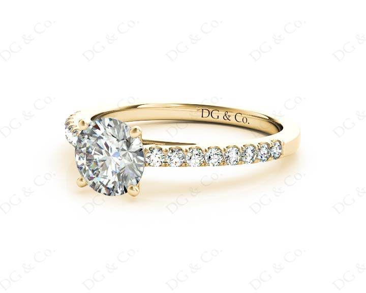 Round Cut Four Claw Set Diamond Ring with Round Pave Set Stones Down the Shoulders - 18K Yellow - DG & Co. Jewellery