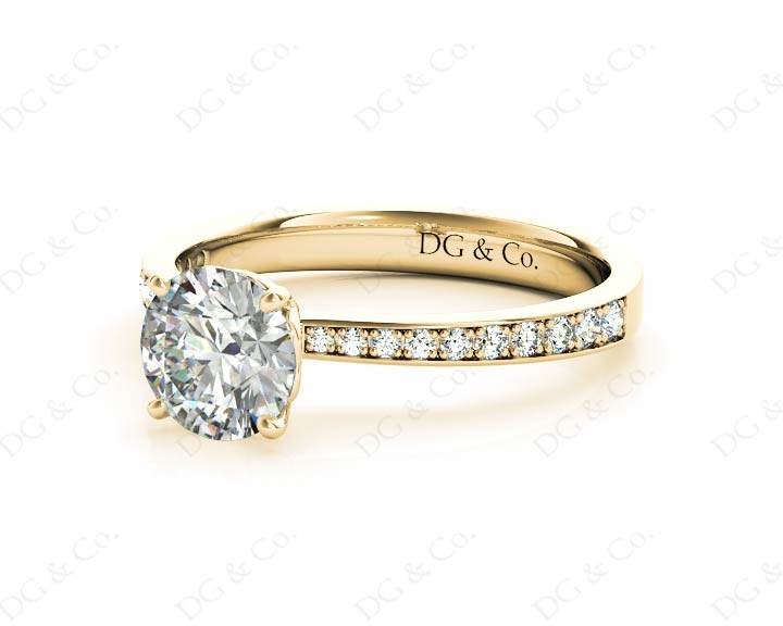 Round Cut Four Claw Set Diamond Ring with Round Cut Diamonds Pave Set Down the Shoulders - 18K Yellow - DG & Co. Jewellery