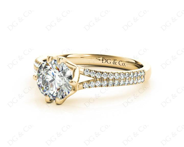 Round Cut Six Prongs Diamond Ring with Pave Set Split Band - 18K Yellow - DG & Co. Jewellery