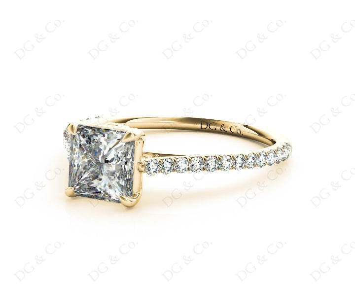 Princess Cut Four Claws Diamond Engagement Ring Pave Set Side Stones - 18K Yellow - DG & Co. Jewellery