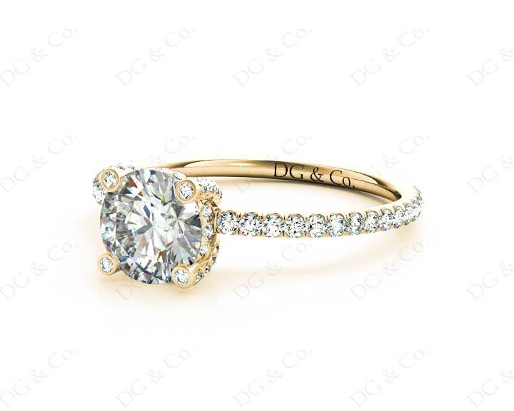 Round Cut Four Claw Set Diamond Ring with Scallop Set Round Cut Diamonds Pave Setting with two Side Halos and on the Band - 18K Yellow - DG & Co. Jewellery