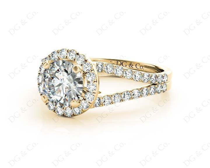 Split Band Round Cut Halo Diamond Engagement ring with claw set centre stone in 18K Yellow - DG & Co. Jewellery