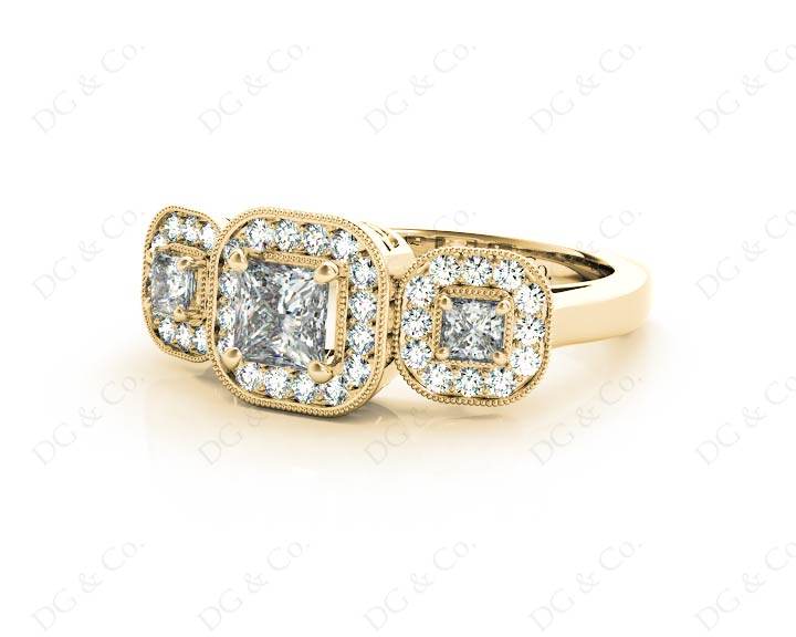 Princess Cut Trilogy Halo Diamond Engagement Ring - 18K Yellow - DG & Co. Jewellery