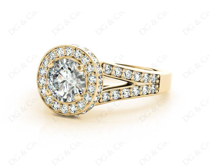 Round Cut Halo Diamond Engagement Ring Split Band with Four Claws Set Centre Stone in 18K Yellow - DG & Co. Jewellery